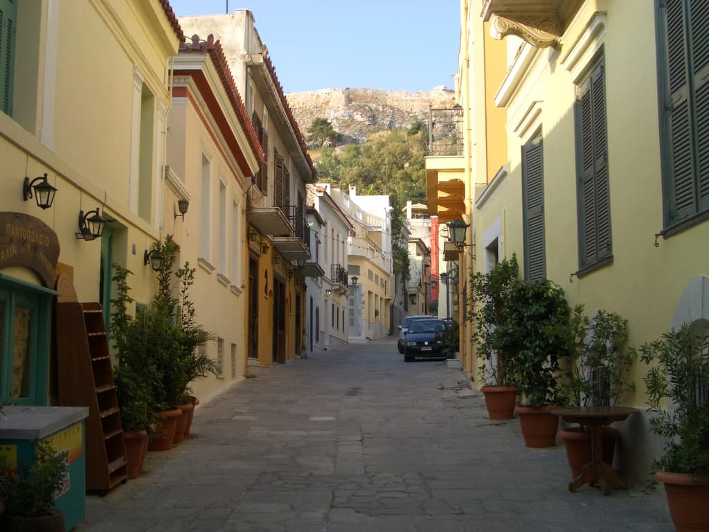 A calm Plaka street by day, central Athens