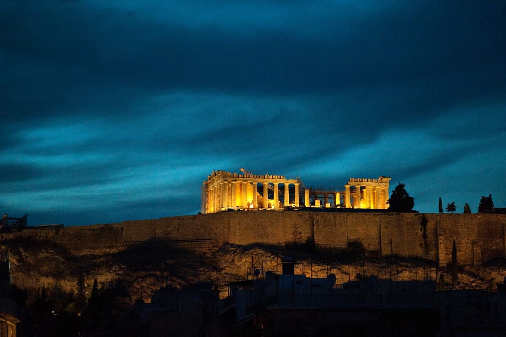 The Acropolis seen from leafy Koukaki, Athens