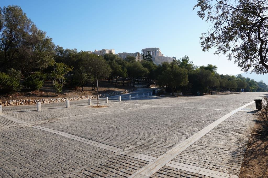 The leafy Dionysiou Areopagitou pedestrian promenade below the Acropolis near Koukaki, Athens