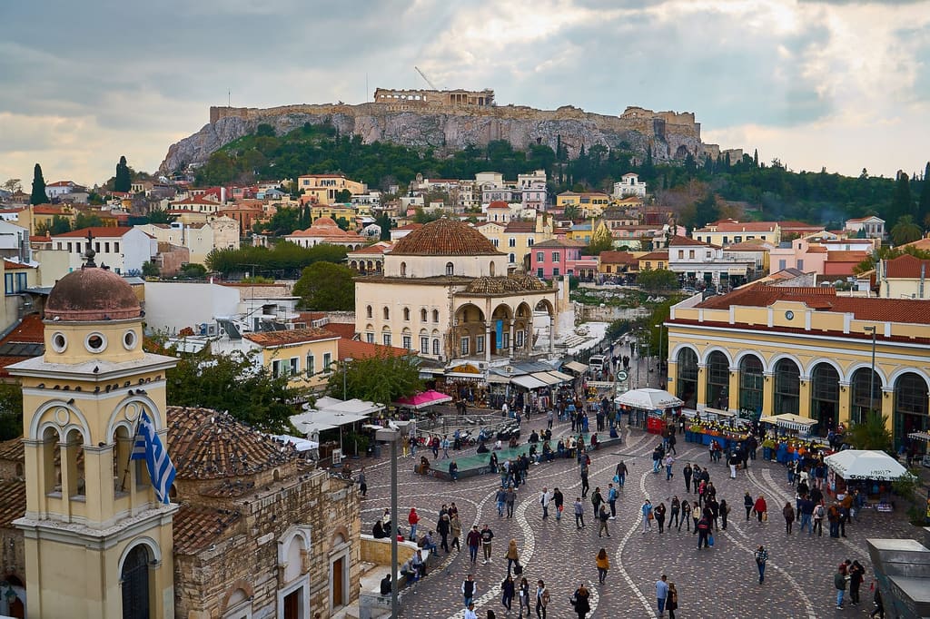 Monastiraki Square with the Acropolis in the distance, Athens