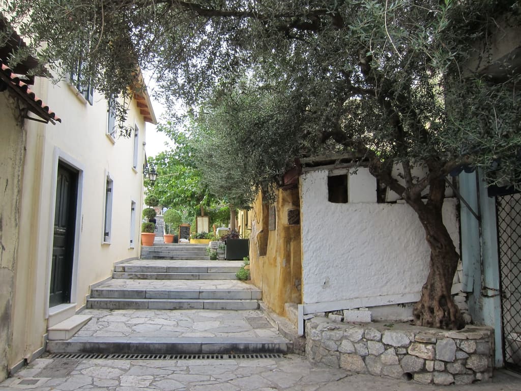 A quiet stone-paved corner of Plaka with an olive tree and neoclassical houses, Athens